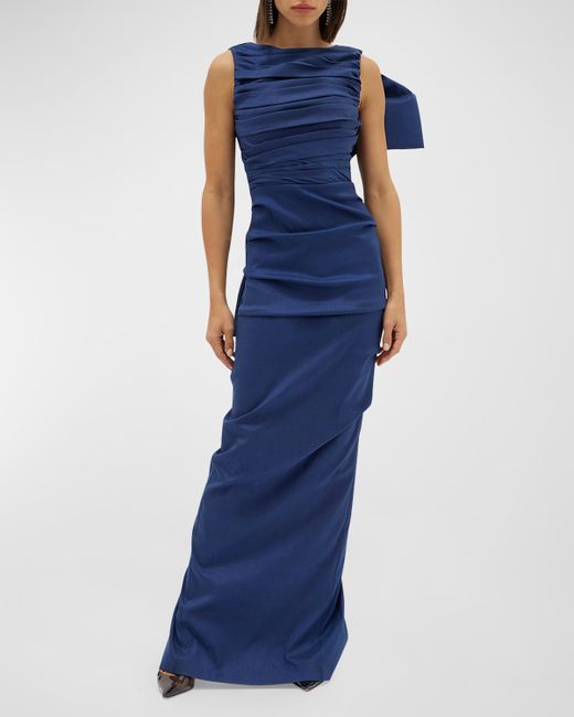 Rachel Gilbert Zora Ruched Taffeta Gown with Back Bow