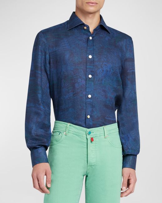 Kiton Cotton Scenic-Print Casual Button-Down Shirt