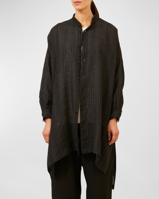 eskandar Wide Longer-Back Collarless Shirt With Slits Very Long Length
