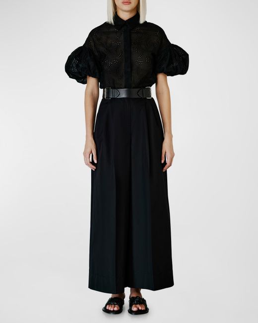 Dice Kayek Eyelet Embroidered Puff-Sleeve Collared Shirt
