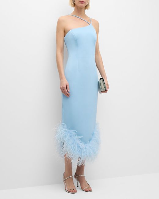 Jovani Sleeveless Asymmetric Feather-Trim Midi Dress