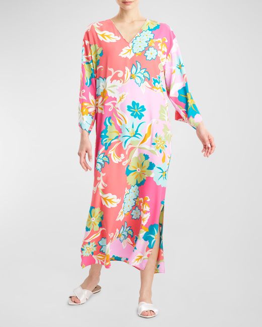 Natori Marbella Floral-Print Long-Sleeve Maxi Caftan Dress