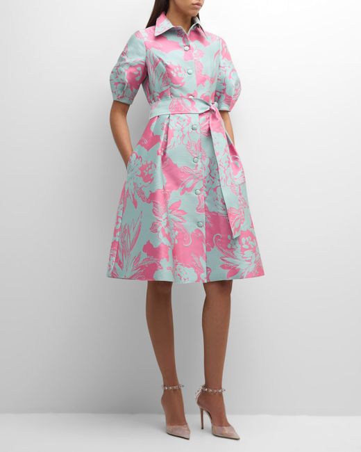 Rickie Freeman for Teri Jon Pleated Floral Jacquard Midi Shirtdress