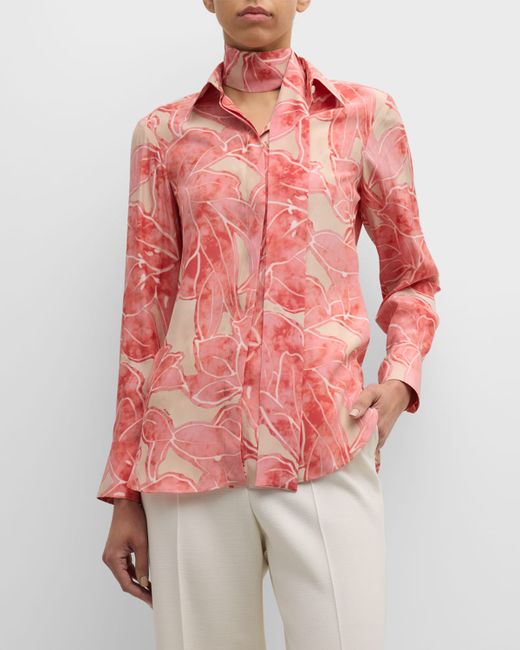 Kiton Floral-Print Long-Sleeve Neck-Scarf Silk Blouse