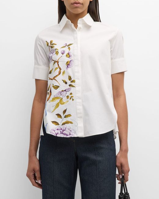 Adam Lippes Flower-Print Sort-Sleeve Collared Poplin Trapeze Shirt