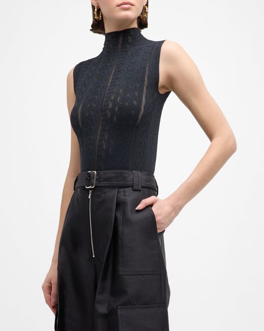 Marc Jacobs Mock-Neck Monogram Pointelle Knit Sleeveless Bodysuit