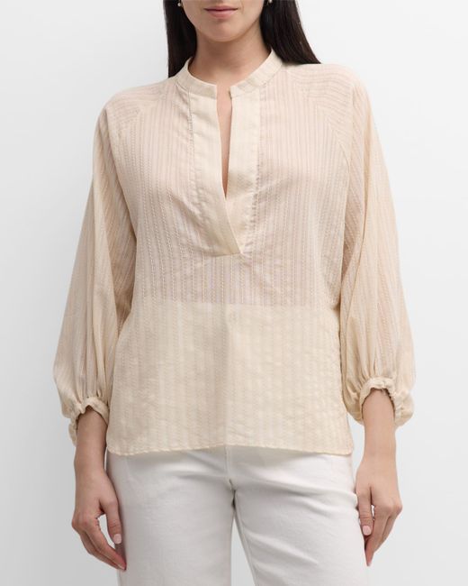 Eleventy Blouson-Sleeve Textured Striped Cotton Shirt