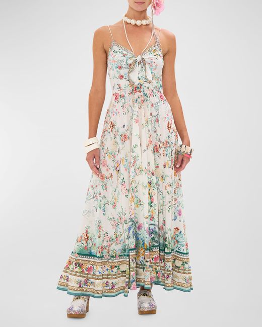 Camilla Plumes and Parterres Crystal Tie-Front Maxi Dress