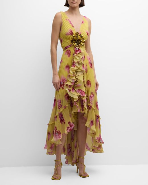 Ungaro High-Low Pleated Print Chiffon Gown