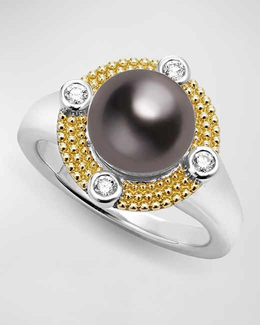 Lagos Sterling Silver and 18K Luna Pearl Lux with Diamonds Ring