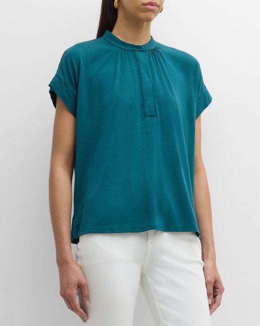 Eileen Fisher Band-Collar Ruched Jersey Henley Top