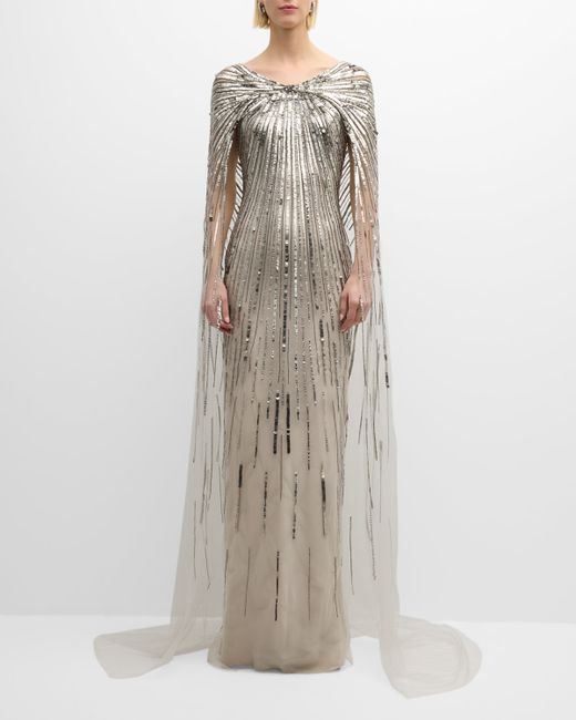 Pamella Roland Sequined Gown with Sheer Cape
