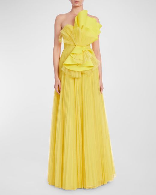 Badgley Mischka Collection Strapless Pleated Ruffle A-Line Gown