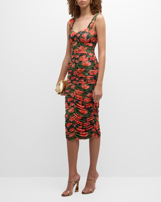 Carolina Herrera Floral-Print Ruched Midi Dress