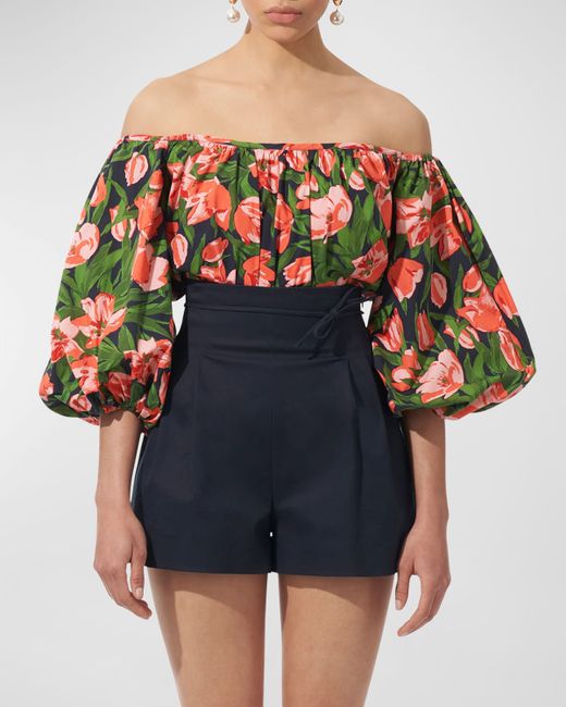 Carolina Herrera Floral-Print Off-The-Shoulder Puff-Sleeve Top