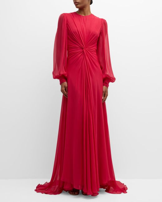 Monique Lhuillier Twisted Long-Sleeve Silk Gown