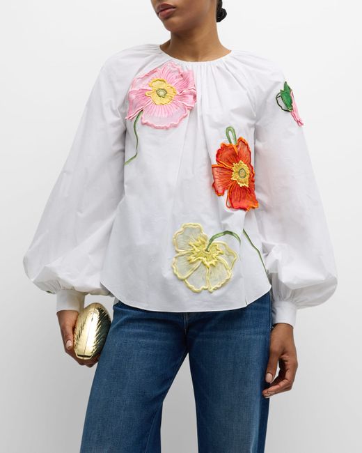 Oscar de la Renta Poppy-Embroidered Long-Sleeve Oversized Cotton Blouse