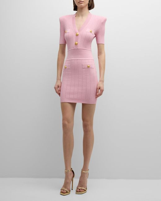 Balmain V-Neck Short-Sleeve Strong-Shoulder Pointelle Knit Mini Dress
