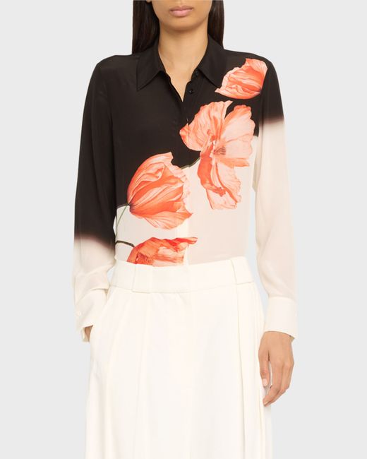 Alice + Olivia Brady Two-Tone Floral Oversized Button-Front Silk Blouse