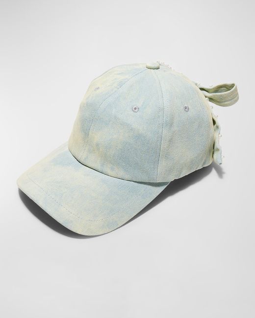 Lele Sadoughi Acid Wash Denim Baseball Hat With Pearly Bow