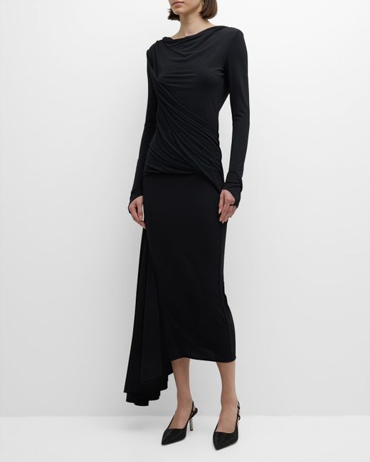 Givenchy Draped Backless Long-Sleeve Asymmetrical Midi Dress