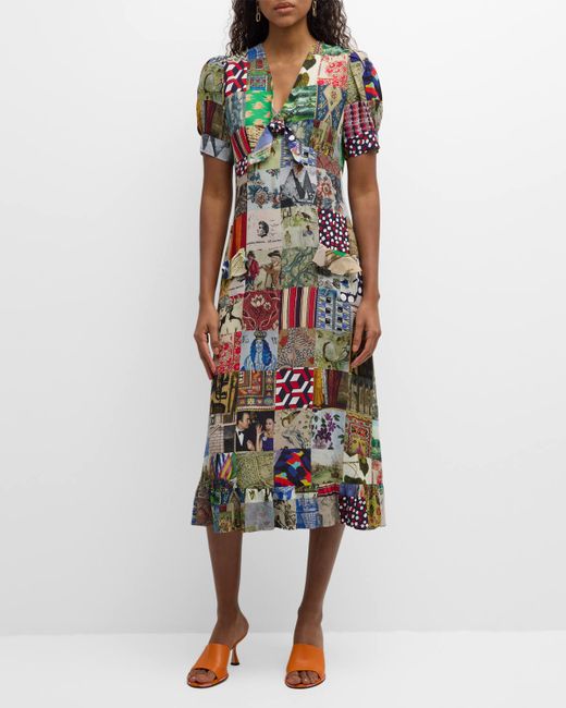 Libertine Bloomsbury Collage-Print Sicilian Short-Sleeve Midi Dress