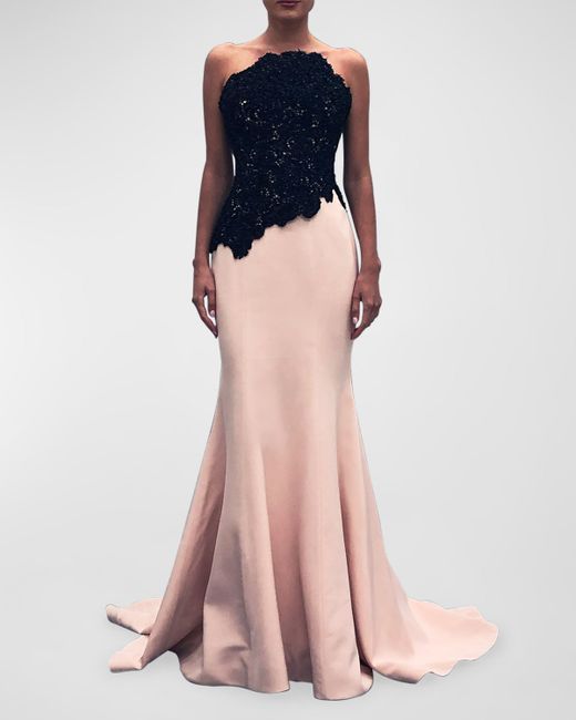 Romona Keveza Embellished Lace Strapless Trumpet Gown
