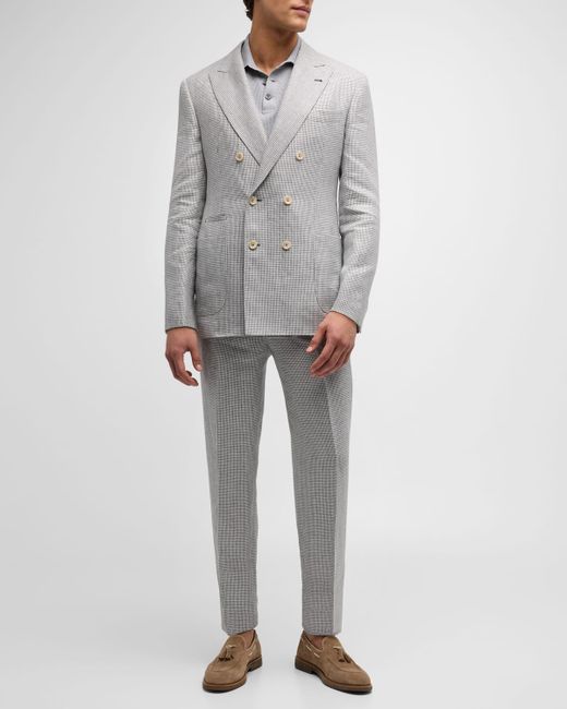 Brunello Cucinelli Linen Houndstooth Double-Breasted Suit
