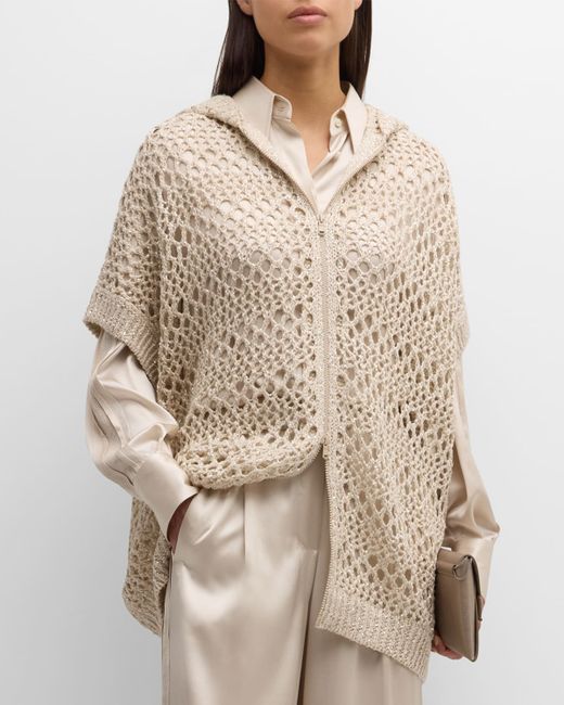 Brunello Cucinelli Open-Weave Knit Sweater Coat with Paillette Detail