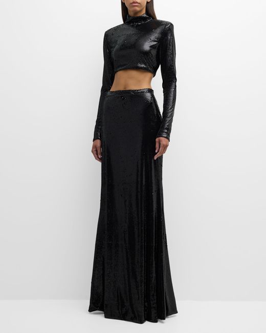 Roberto Cavalli Two-Piece Mock-Neck Long-Sleeve Sequined Gown