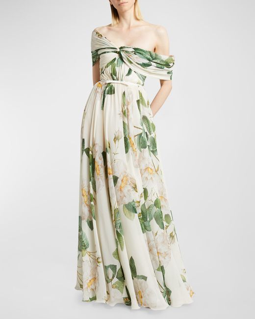 Giambattista Valli Floral-Print Twisted Off-The-Shoulder Gown
