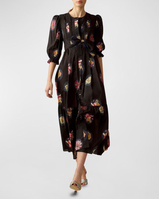 Cynthia Rowley Pintuck Print Blouson-Sleeve Midi Dress