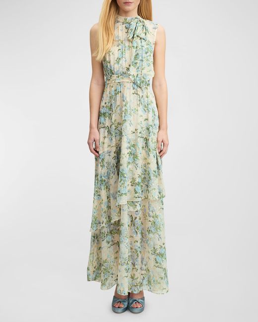 Lk Bennett Robyn Metallic Floral-Print Tie-Neck Maxi Dress