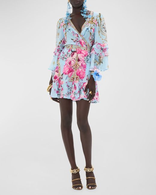 Camilla Ruffle-Sleeve Silk Mini Wrap Dress