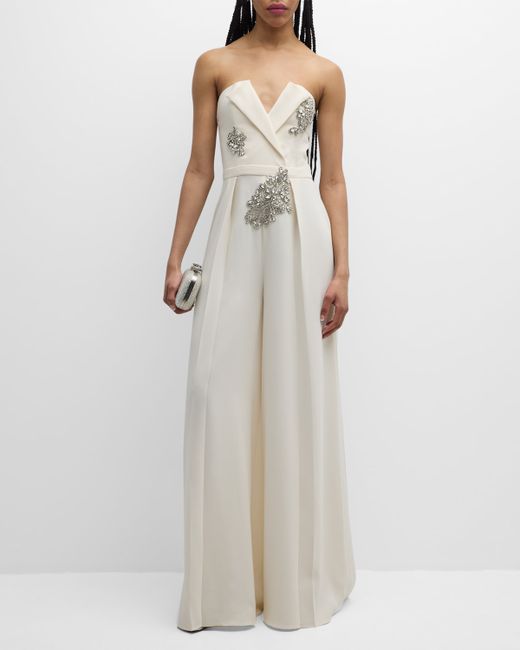 Zuhair Murad Crystal Embroidered Crossed Strapless Wide-Leg Cady Jumpsuit