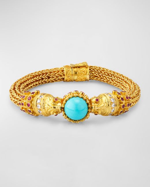 NM Estate Estate 18K Yellow Gold Turquoise and Ruby Tubular Mesh Bangle Bracelet with Diamonds