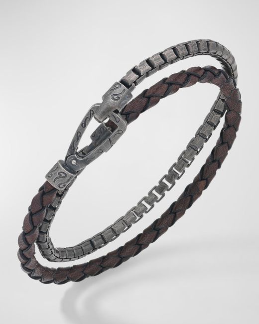 Marco Dal Maso Lash Double Wrap Leather Box Chain Combo Bracelet with Push Clasp