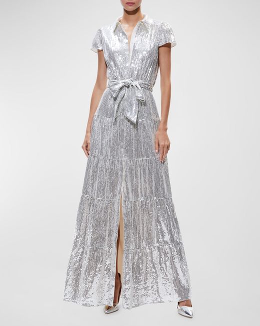 Alice + Olivia Miranda Short-Sleeve Sequined Maxi Dress