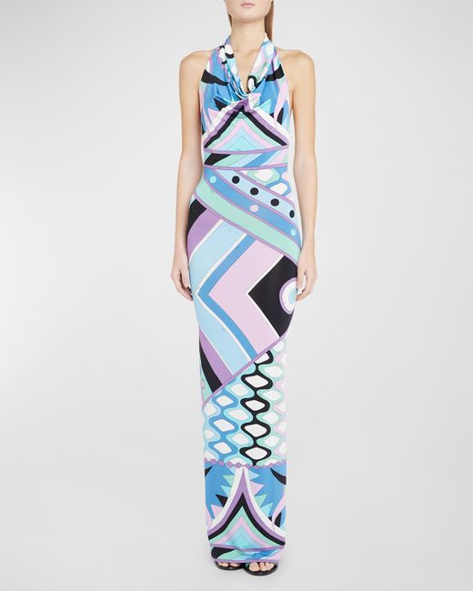 Emilio Pucci Abstract-Print Backless Halter Maxi Dress