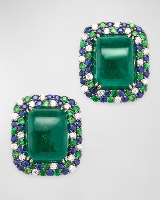 Alexander Laut 18K White Gold and Platinum Emerald Tsavorite Sapphire Diamond Earrings