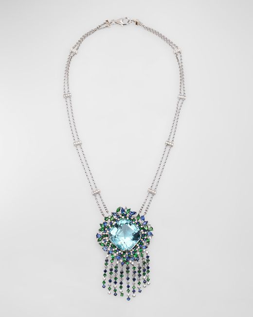 Alexander Laut 18K White Gold Aquamarine Sapphire Tsavorite and Diamond Pendant Necklace