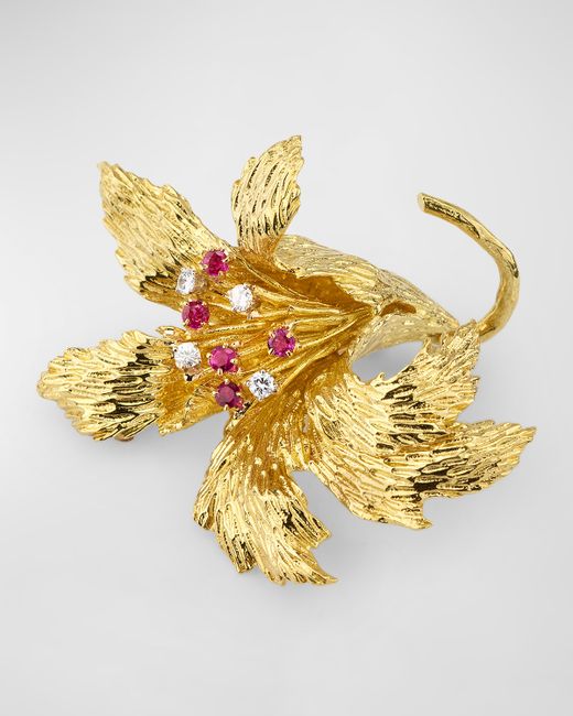 NM Estate Estate Cartier 18K Yellow Gold and White Flower Brooch with Rubies Diamonds