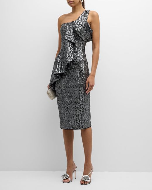 Chiara Boni La Petite Robe One-Shoulder Ruffle Sequin Midi Dress