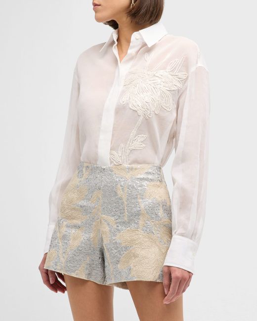 Brunello Cucinelli Crispy Silk Button-Front Blouse with Raffia Magnolia Embroidery
