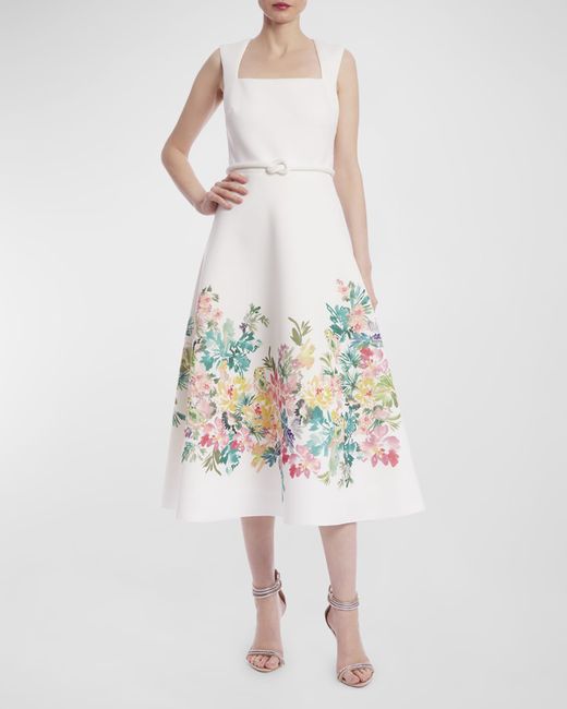 Badgley Mischka Collection Square-Neck Floral-Print Midi Dress