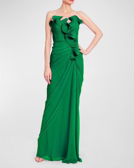 Badgley Mischka Collection Strapless Pleated Ruffle Column Gown