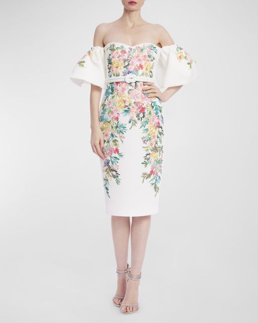 Badgley Mischka Collection Off-Shoulder Floral-Print Midi Dress