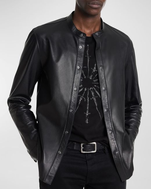 John Varvatos Bernard Band-Collar Leather Overshirt