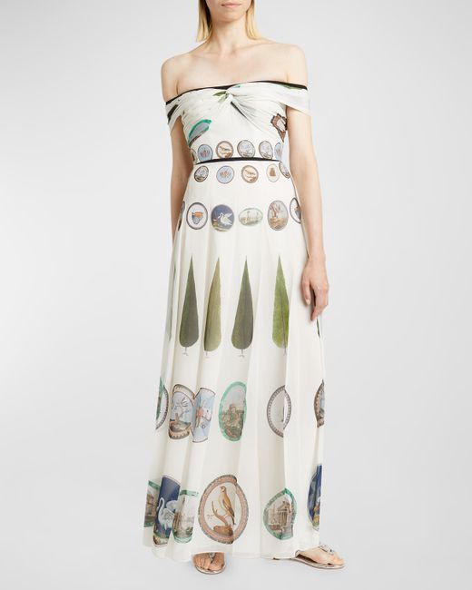 Giambattista Valli Mosaic-Print Twisted Off-The-Shoulder Pleated Maxi Dress
