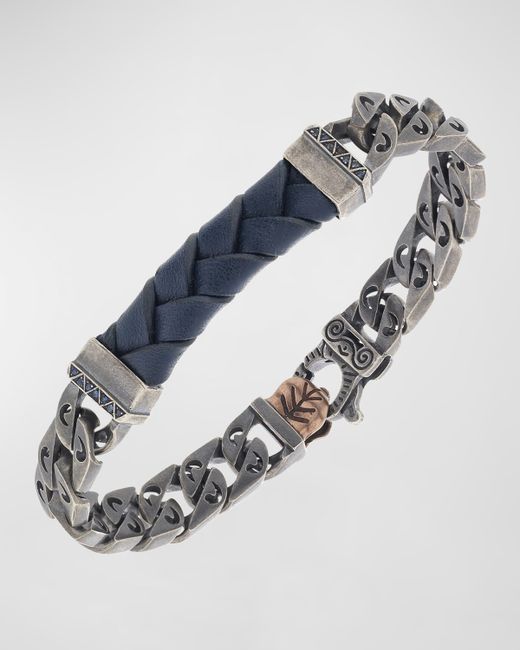 Marco Dal Maso Flaming Tongue Leather Chain Bracelet with Sapphires Oxidized Silver